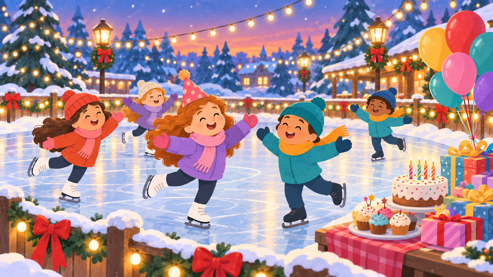 Children ice skating at festive outdoor rink with lights, gifts, and cake.